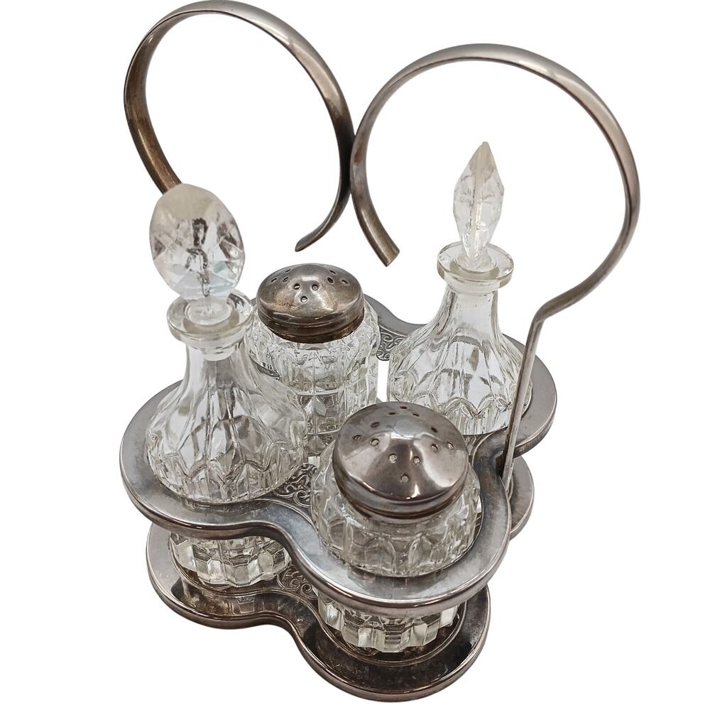 VTG Leonard Sheffield Silver Plate Crystal Caddy Salt Pepper Cruets Vinegar Oil